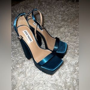 Steve Madden “Amori Teal Satin” Platform Heels